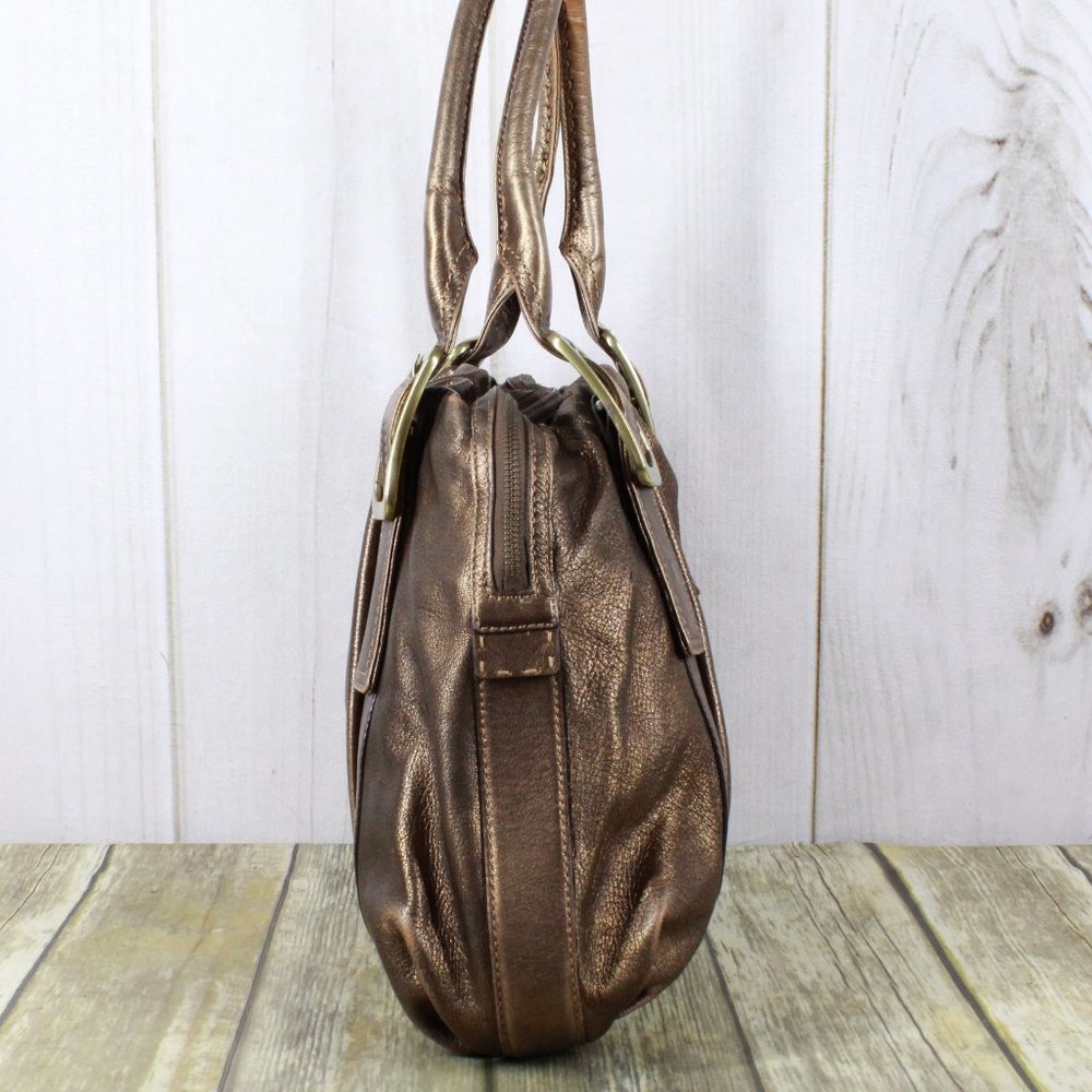 Cole Haan Gold Brown Leather Brass Buckle Double Handles Tote Shoulder Bag - Picture 2 of 12